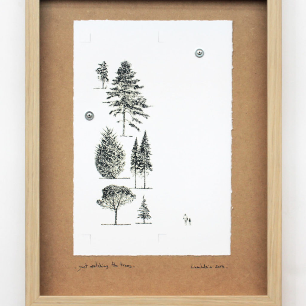 just watching the trees. stampa a ricalco su carta calcografica e mdf cm. 42,5 x 32,5. 2014