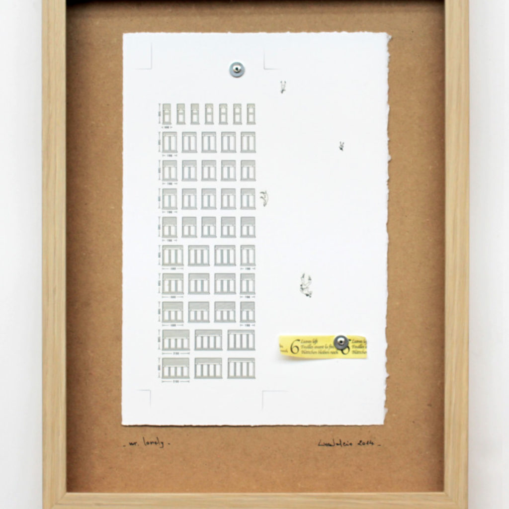 mr. lonely. stampa a ricalco su carta calcografica e mdf cm. 42,5 x 32,5. 2014